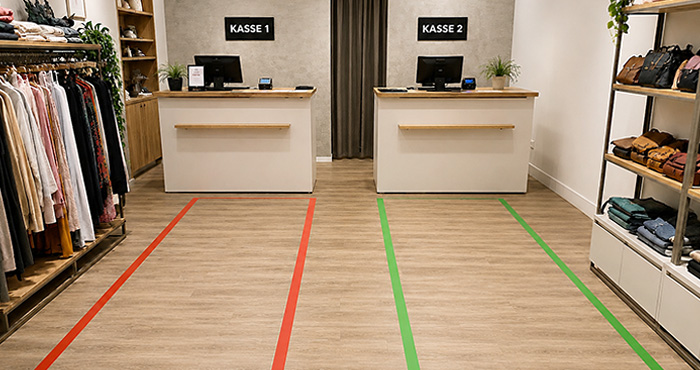 Farbige Bodenmarkierungsbänder in einem Ladengeschäft / Boutique