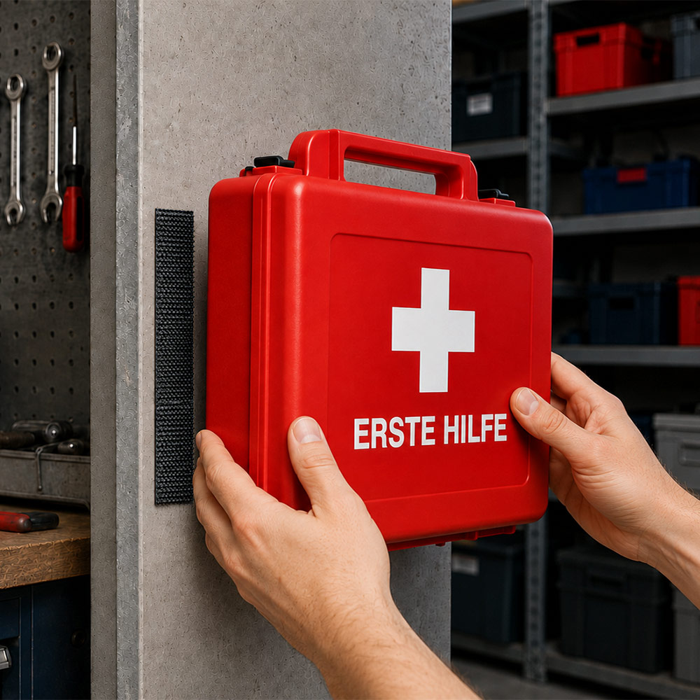 Montage eines Erste Hilfe Kastens mittels Dual Lock Klettband