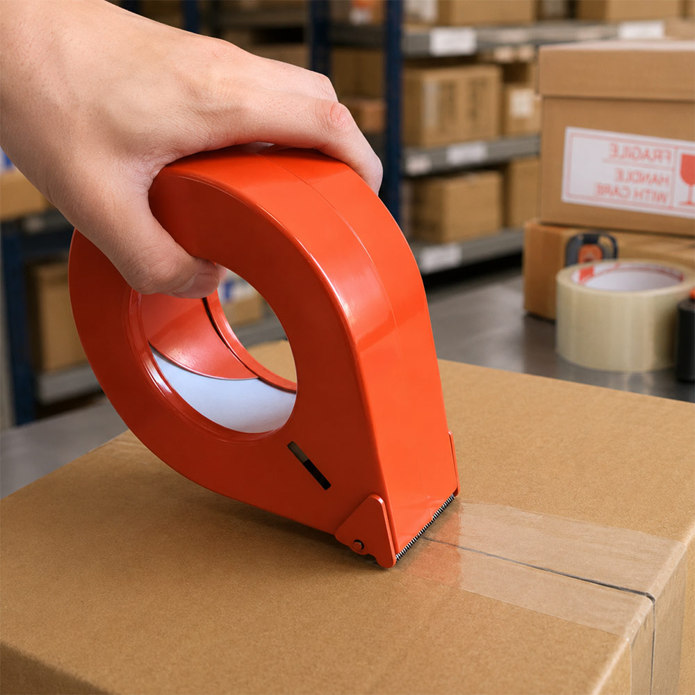 Roter Handabroller auf Versandkarton