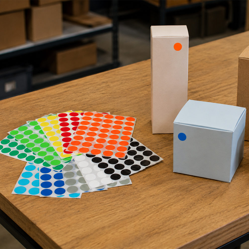 Markierungspunkte aus Papier haften auf Produktverpackungen