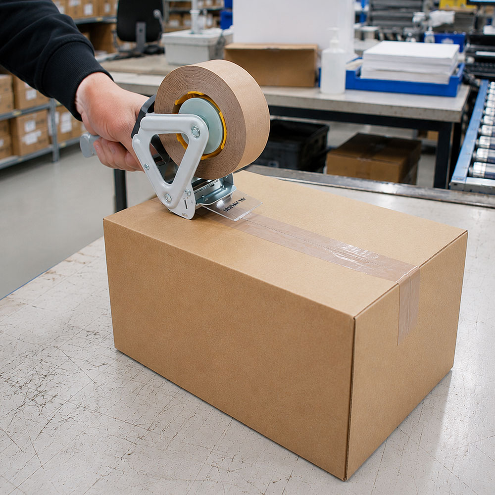 Packband auf Handabroller beim Versand