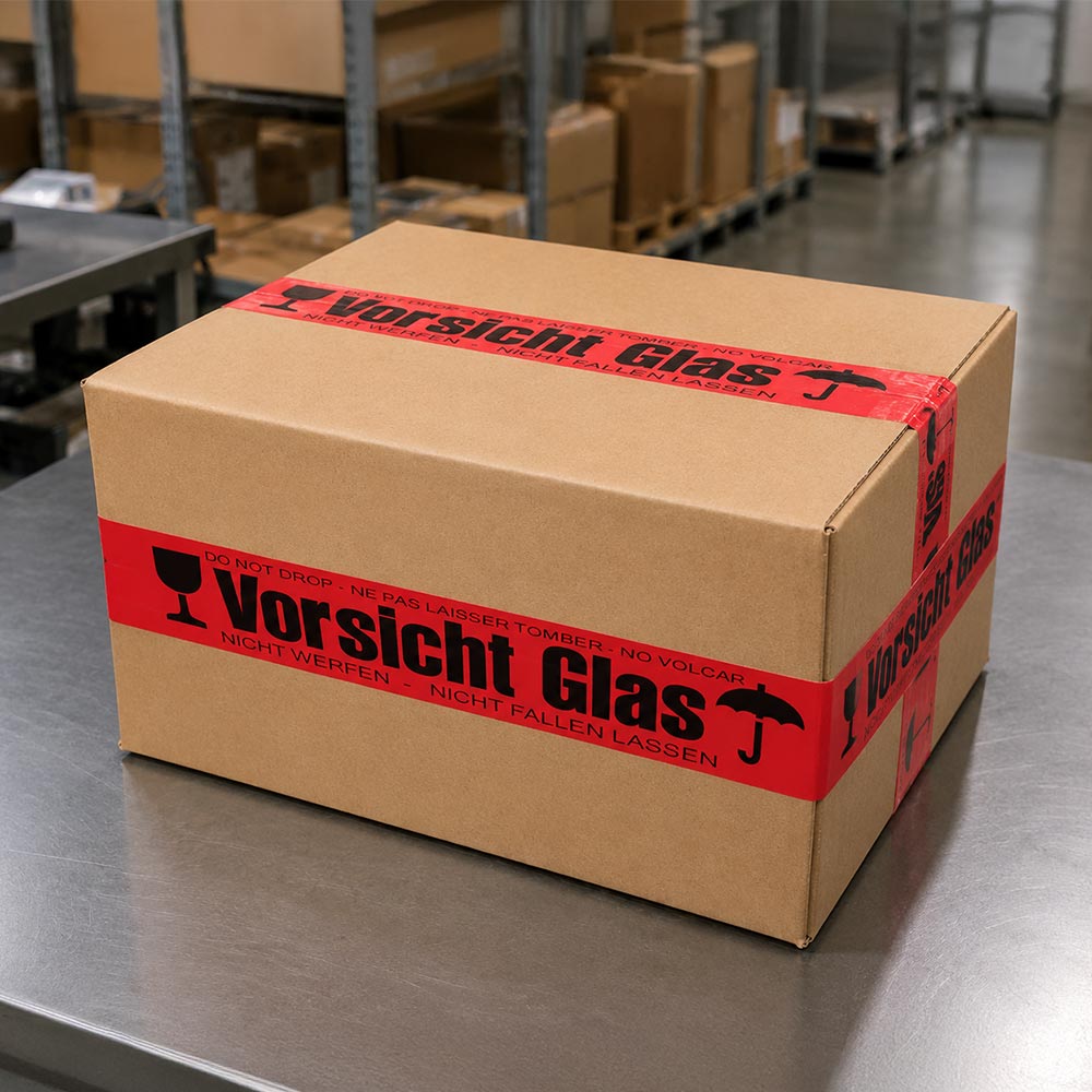 Vorsicht Glas Verpackungsklebeband auf Versandkarton