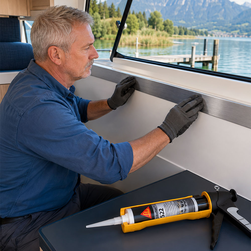 Mann montiert eine Metallleiste auf einem Boot mit Sikaflex Kartusche