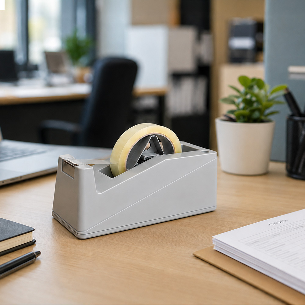Tischabroller mit transparentem Klebeband auf einem Schreibtisch im Büro